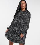 Asos Design Petite Frill Neck Mini Swing Dress In Black And White Spot-brown