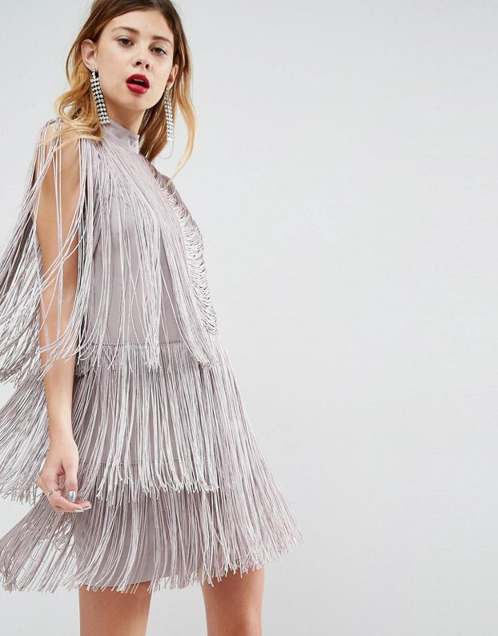 Asos Premium Fringe Shift Mini Dress - Gray