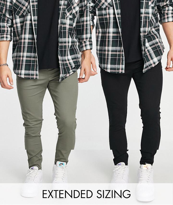 Asos Design 2 Pack Extreme Super Skinny Chinos In Khaki And Black Save-multi
