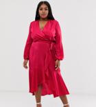Flounce London Plus Wrap Front Satin Midi Dress In Hot Pink-orange