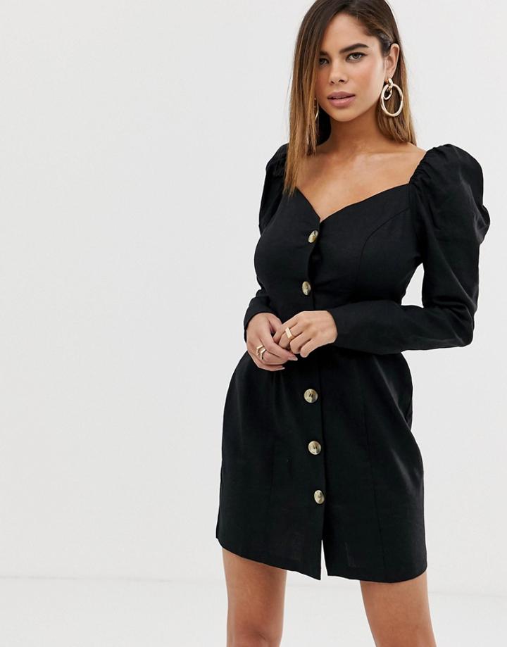 Asos Design Off Shoulder Button Through Mini Dress With Long Sleeves