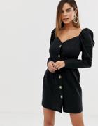 Asos Design Off Shoulder Button Through Mini Dress With Long Sleeves