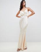 Asos Design Maxi Dress With Pleat Front In High Shine Satin With Fishtail Hem - Gold
