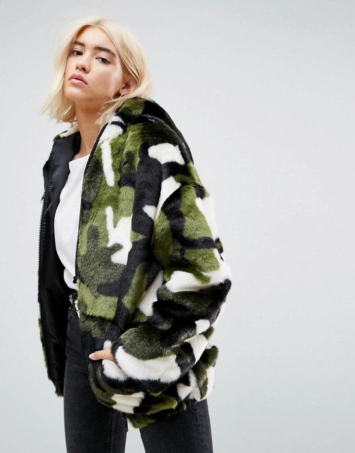 Asos Oversized Hooded Jacket In Camo Faux Fur - Multi