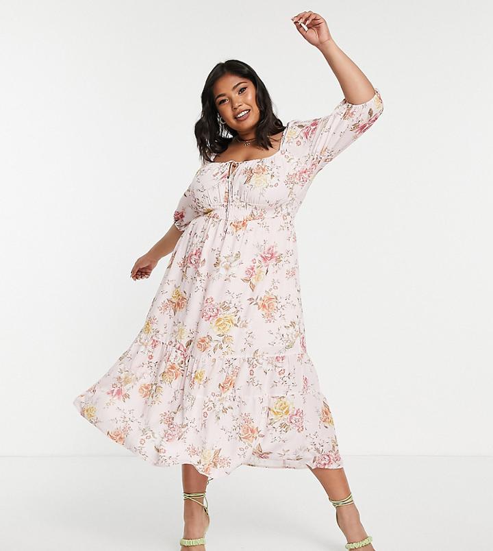 Ever New Curve Tie Front Puff Sleeve Tea Dress In Peachy Rose-multi