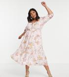 Ever New Curve Tie Front Puff Sleeve Tea Dress In Peachy Rose-multi