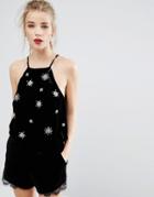 New Look Embellished Stars Velvet Crop Top - Black