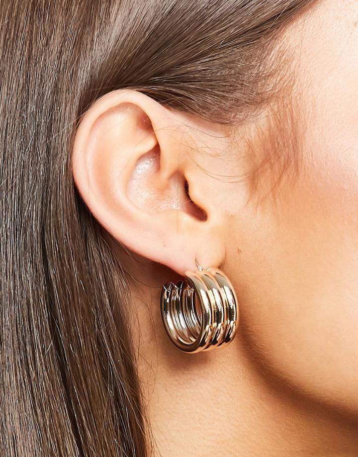 River Island Triple Row Chunky Hoop Earrings In Gold Tone