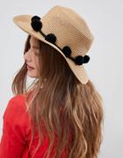 Pieces Straw Hat With Pompoms - Black