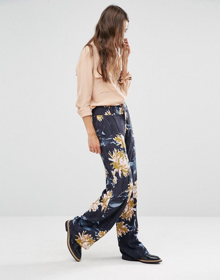 Gestuz Wide Leg Floral Print Pants - Navy