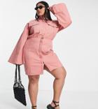 Asos Design Curve Mini Shirt Dress With Utility Pockets In Rose-green