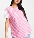 Asos Design Maternity Nursing Cutabout Stripe T-shirt With Snap Side In Pink