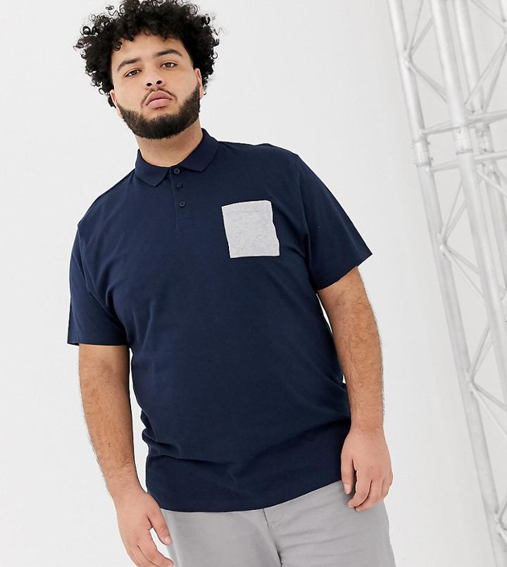 Asos Design Plus Relaxed Polo Shirt With Contrast Pocket In Navy