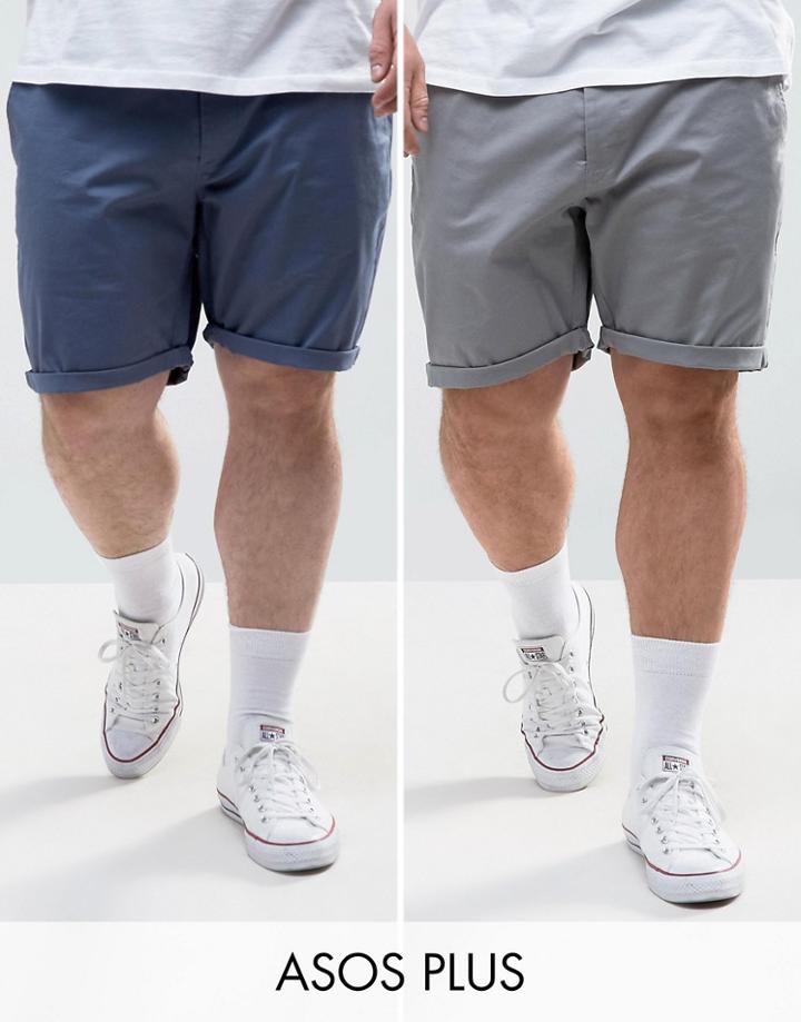 Asos Plus 2 Pack Slim Chino Shorts In Gray & Blue Save - Multi
