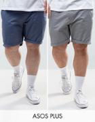 Asos Plus 2 Pack Slim Chino Shorts In Gray & Blue Save - Multi