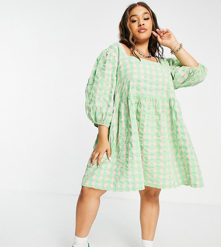 Collusion Plus Exclusive Gingham Seersucker Mini Smock Sundress In Green And Pink-multi