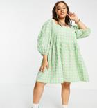 Collusion Plus Exclusive Gingham Seersucker Mini Smock Sundress In Green And Pink-multi