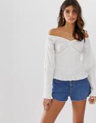 Asos Design Long Sleeve Off The Shoulder Top With Shirring Detail - Pink