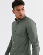 New Look Muscle Fit Oxford Shirt In Khaki-green