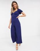 Asos Design Jersey Button Front Cupped Tea Culotte Jumpsuit In Navy-blues