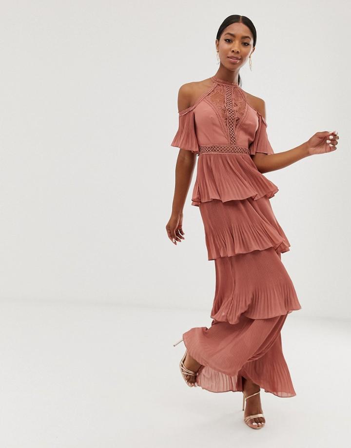 Forever U Halterneck Maxi Dress With Multi Tiered Skirt In Pink