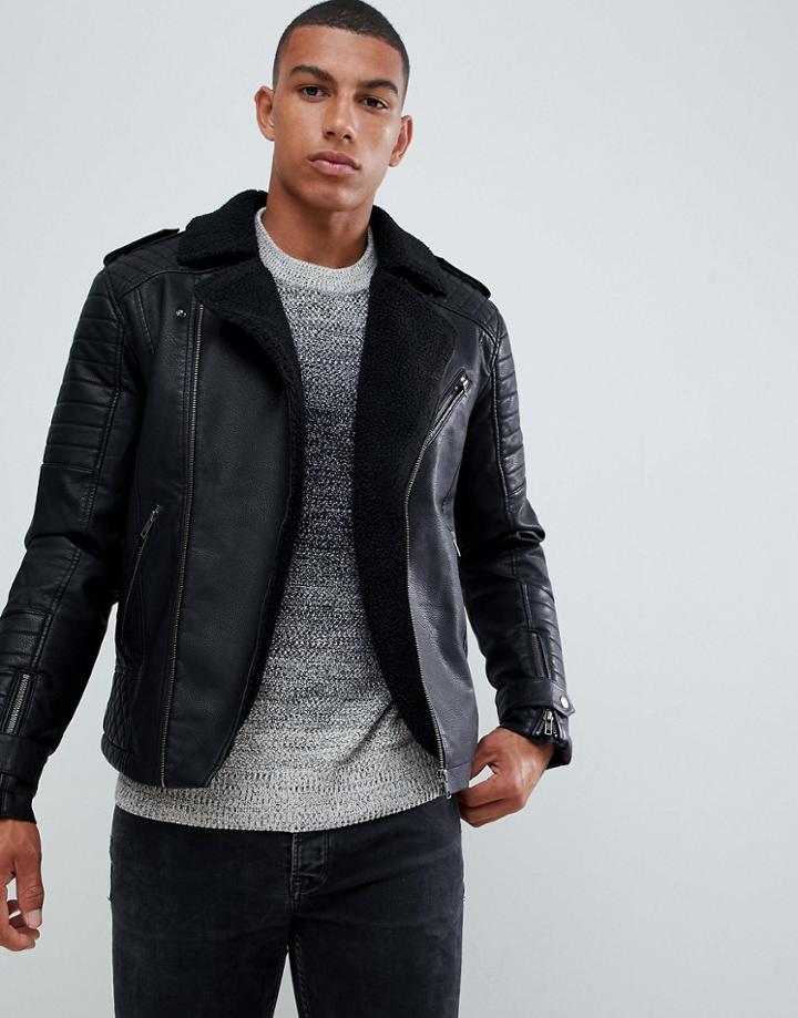 Jack & Jones Originals Faux Leather Biker Jacket With Full Teddy Lining - Black