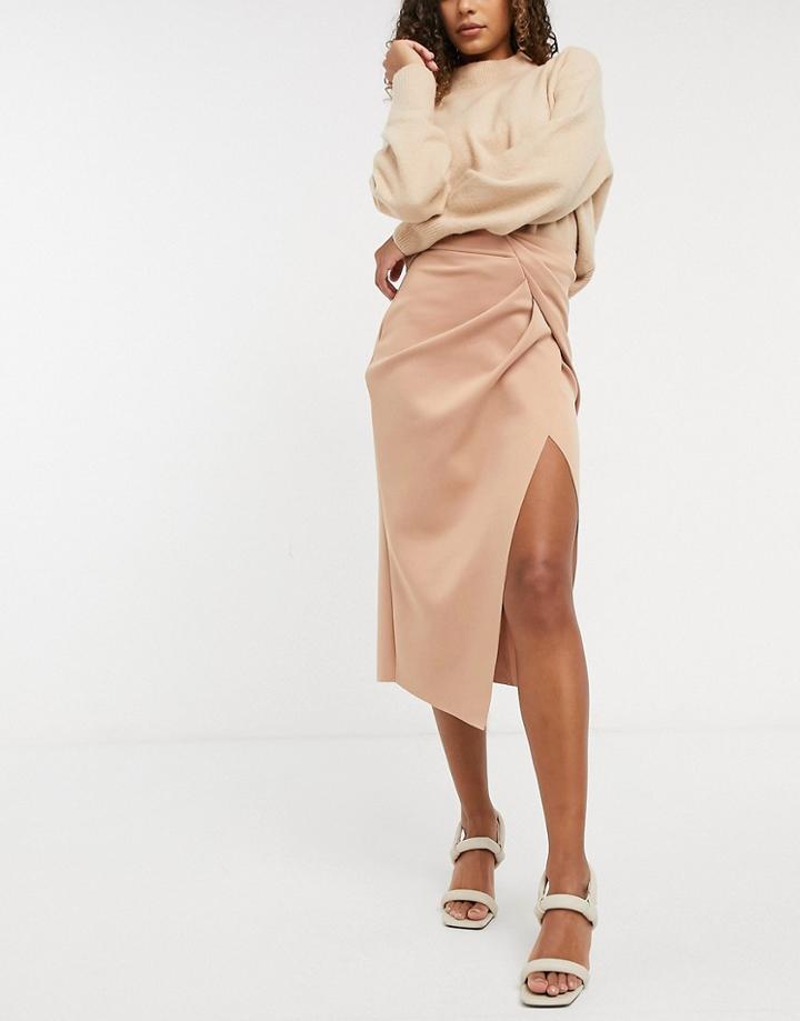 Asos Design Wrap Scuba Midi Pencil Skirt In Tan-brown