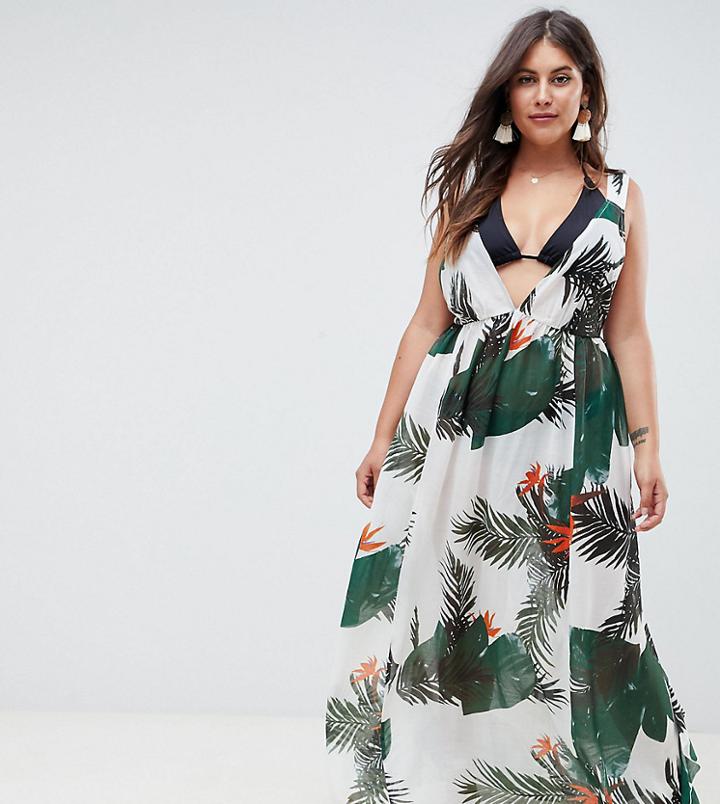 Asos Design Curve Tropical Print Frill Back Beach Maxi Dress - Multi
