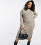Asos Design Curve Knitted Dress With Bell Sleeve Detail In Taupe-neutral