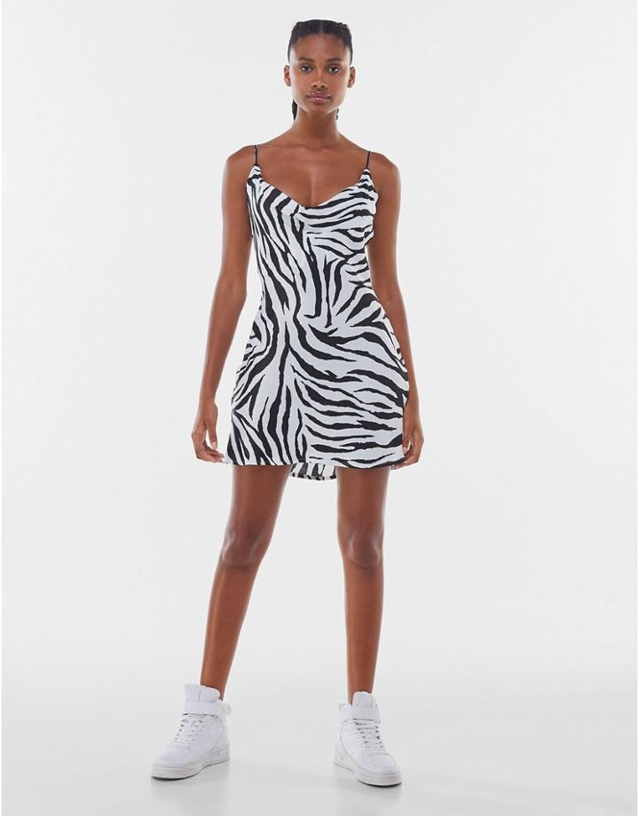 Bershka Satin Mini Zebra Print Dress In Mono-multi