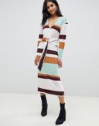 Asos Design 70s Stripe Rib Midi Dress With Knot Front - Multi