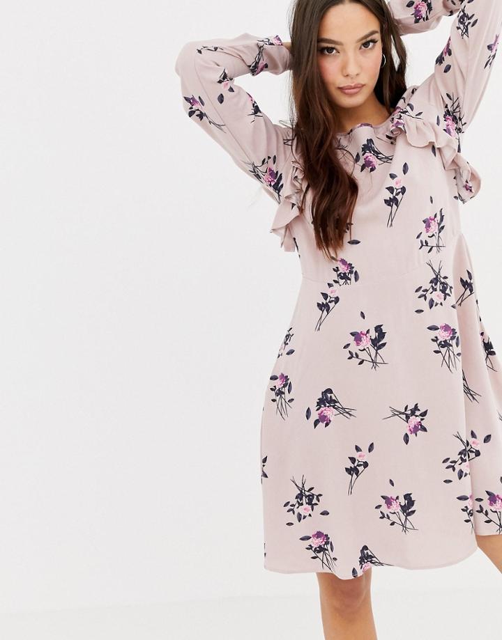 Vila Floral Midi Dress With Ruffles In Pink