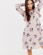 Vila Floral Midi Dress With Ruffles In Pink