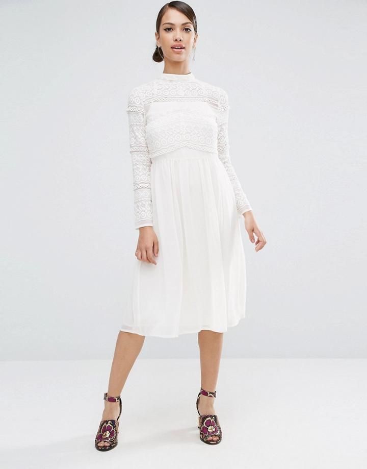 Asos Lace Insert Midi Dress - White