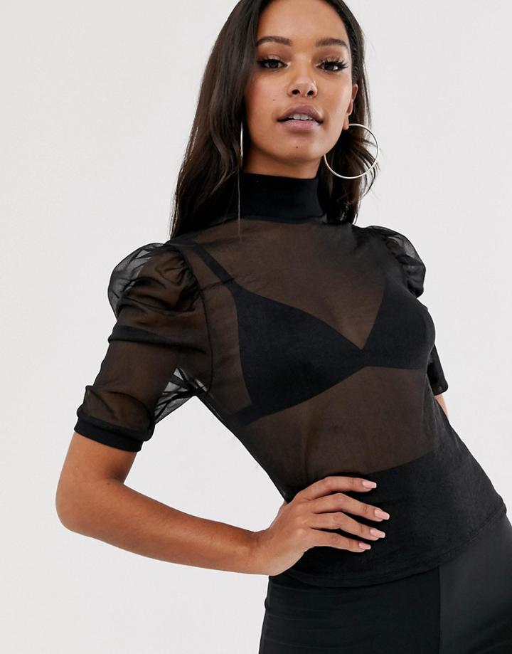 Asos Design High Neck Top In Mesh With Puff Sleeve - Black