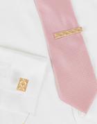 Asos Design Wedding Tie Bar And Cufflink Set With Cheveron Emboss In Gold Tone