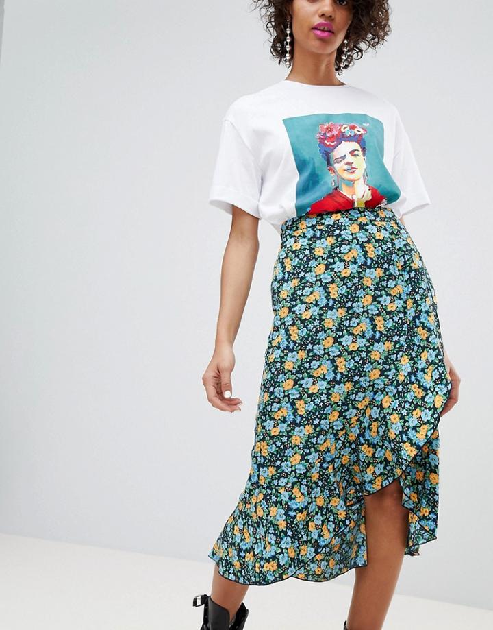 Stradivarius Floral Print Asymmetric Skirt - Blue