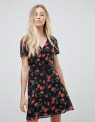 Yumi Poppy Print Dress With Studded Belt - Black