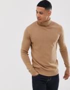 Brave Soul 100% Cotton Roll Neck Sweater In Tan