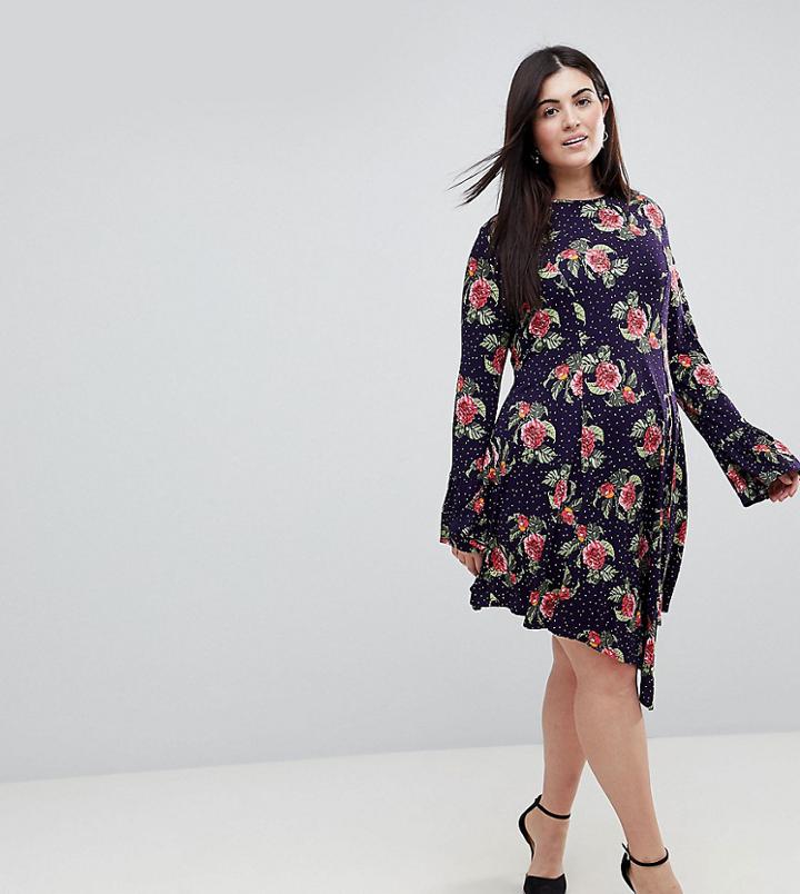 Asos Curve Mini Dress With Hanky Hem And Frill Cuff In Spot Floral Print - Multi