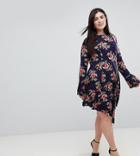 Asos Curve Mini Dress With Hanky Hem And Frill Cuff In Spot Floral Print - Multi