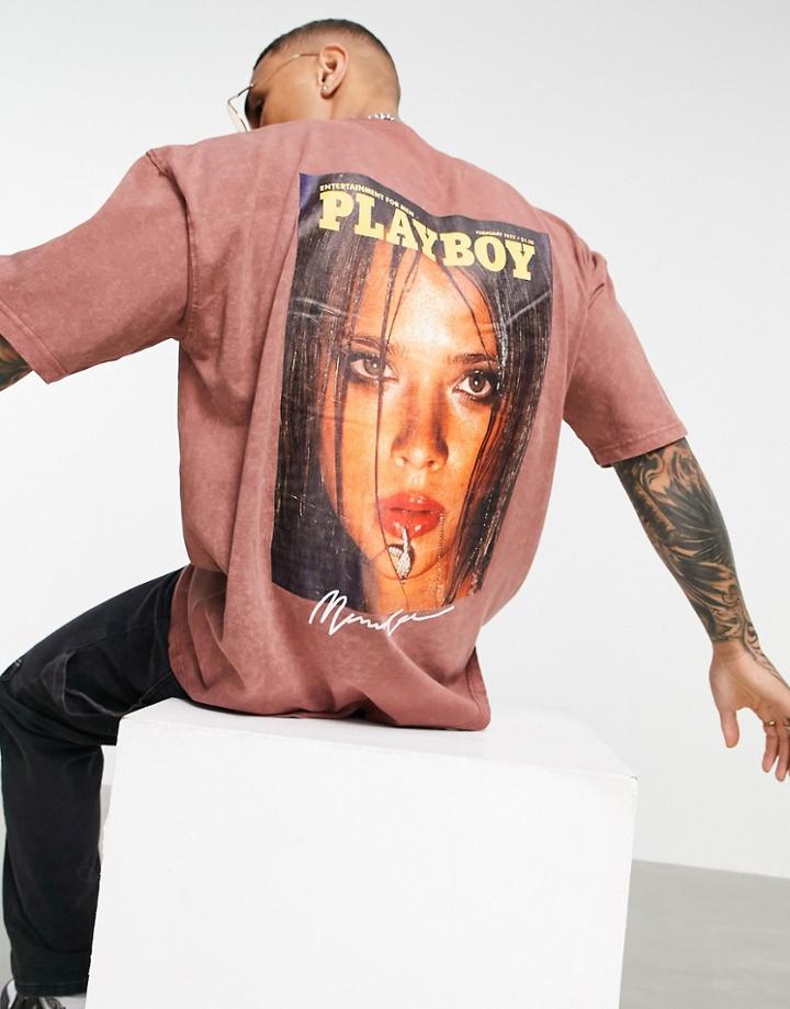 Mennace X Playboy Oversized T-shirt In Brown With Photographic Back Print