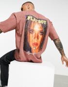 Mennace X Playboy Oversized T-shirt In Brown With Photographic Back Print