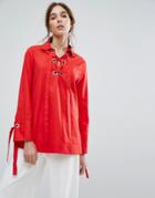 Neon Rose Relaxed Shirt With Ribbon Tie Cuffs And Metal Eyelets - Red