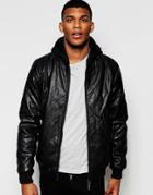 Blend Faux Leather Bomber Jacket Detatchable Sweat Hood - Black