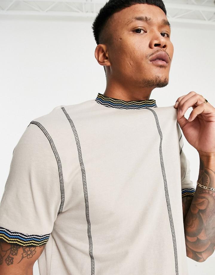 Asos Design Oversized T-shirt In Beige With Contrast Stitching-neutral