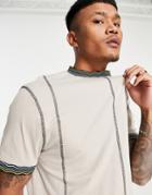 Asos Design Oversized T-shirt In Beige With Contrast Stitching-neutral