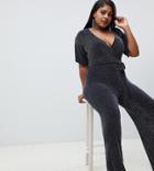 Missguided Plus Exclusive Plus Glitter Wrap Over Jumpsuit In Navy - Multi