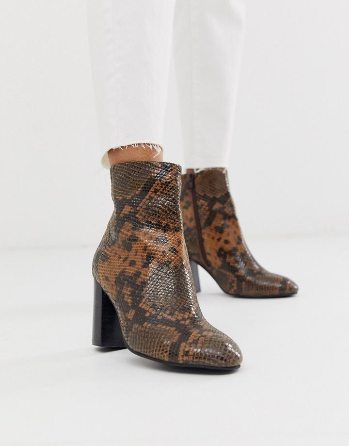 Asos Design Rescue Leather Block Heel Boots In Snake - Tan
