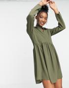 Asos Design Smock Mini Shirt Dress In Khaki-green